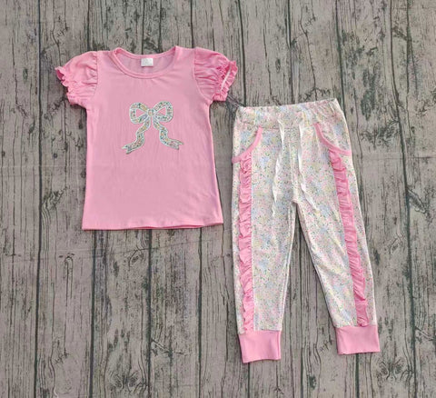Preorder GSPO2060 Embroidery Bows Flower Floral Pink Girls Set