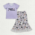 GSPO2064 Halloween Bows Purple Ruffles Flare Pants Girls Set