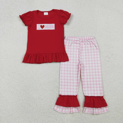 GSPO2071 Embroidery I LOVE MOM Plaid Girls Set