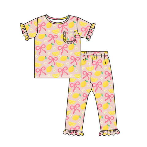 Preorder 10.06 MOQ 5 pcs GSPO2074 Lemon Bows Flower Girls Pajamas Set