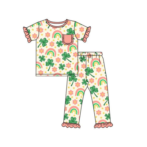 Preorder 10.06 MOQ 5 pcs GSPO2079 Rainbow Leaf Flower Girls Pajamas Set