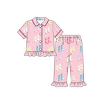 Preorder 10.08 MOQ 5 pcs GSPO2082 Western Boots Pink Girls Pajamas Set