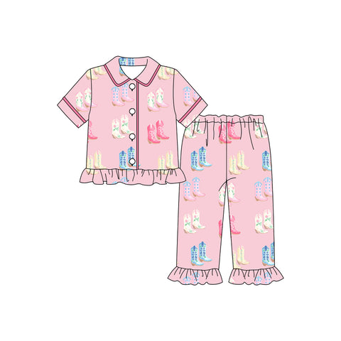 Preorder 10.08 MOQ 5 pcs GSPO2082 Western Boots Pink Girls Pajamas Set