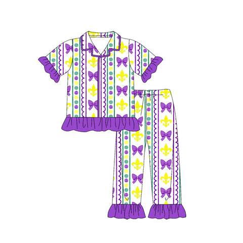 Preorder 10.08 MOQ 5 pcs GSPO2085 Mardi Gras Bows Purple Girls Pajamas Set