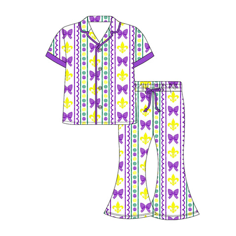 Preorder 10.08 MOQ 5 pcs GSPO2086 Mardi Gras Bows Purple Adult Women's Pajamas Set
