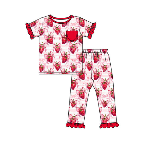 Preorder 10.14 MOQ 5 pcs GSPO2089 Strawberry Bows Red Girls Pajamas Set