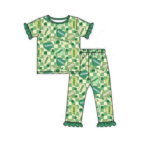Preorder 10.16 MOQ 5 pcs GSPO2091 Loved Strong Love Leaves Green Girls Pajamas Set