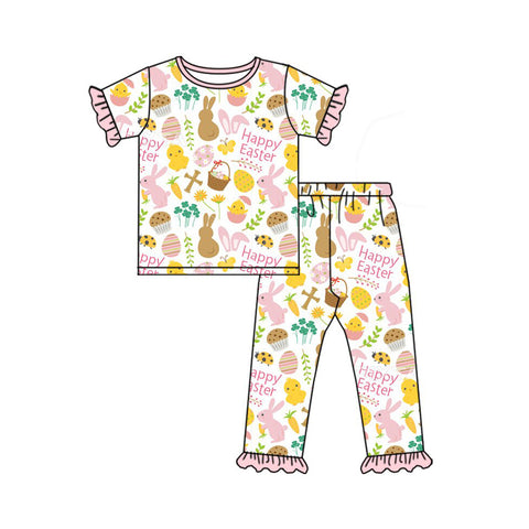 Preorder 10.16 MOQ 5 pcs GSPO2092 Happy Easter Rabbit Pink Girls Pajamas Set