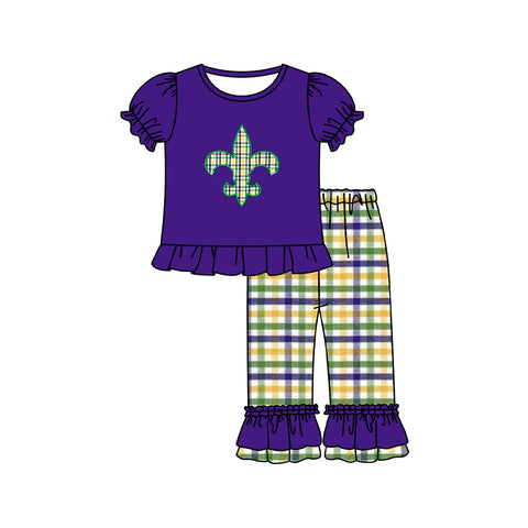 Preorder 10.16 MOQ 5 pcs GSPO2093 Mardi Gras Plaid Purple Girls Set