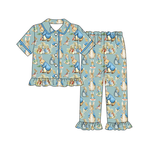 Preorder 10.17 MOQ 5 pcs GSPO2097 Easter Rabbit Cartoon Buttons Girls Pajamas Set