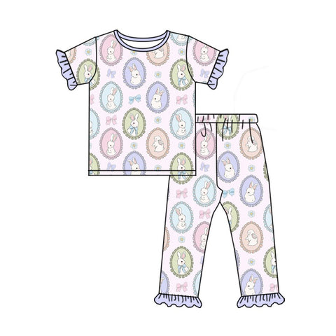 Preorder 10.23 MOQ 5 pcs GSPO2099 Easter Rabbit Bows Purple Girls Pajamas Set
