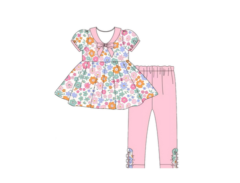 Preorder 10.28 MOQ 5 pcs GSPO2108 Flower Floral Bows Pink Girls Set