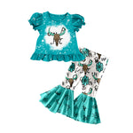 10.10 pre-order  GSPO2114 toddler girls cow blue bell bottom outfits