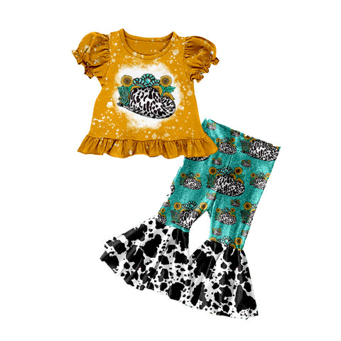 10.10 pre-order  GSPO2115 toddler girls sunflower bell bottom outfits