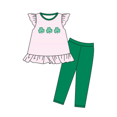 Preorder 11.23 MOQ 5 pcs GSPO2141 St. Patrick Leaf Pink Stripe Girls Set