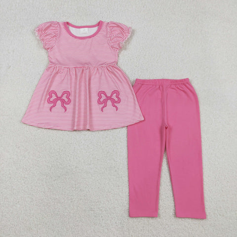 GSPO2150 Embroidery Bows Stripe Pink Girls Set