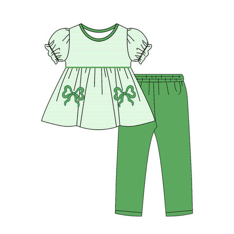 Preorder 11.25 MOQ 5 pcs GSPO2154 Bows Stripe Green Girls Set