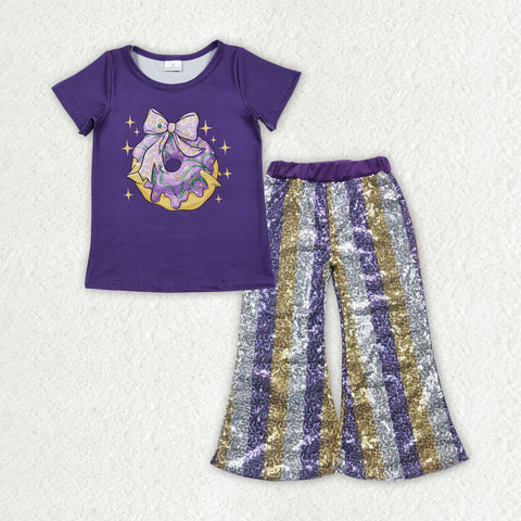 GSPO2160 Mardi Gras Donut Purple Stripe Sequin Girl's Set