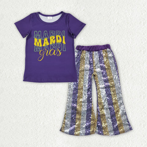 GSPO2162 Mardi Gras Purple Stripe Sequin Girl's Set