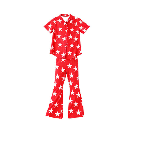 Preorder 12.13 MOQ 5 pcs GSPO2200 4th of July Star Red Buttons Girls Pajamas Set