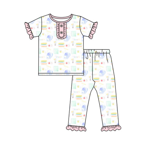 Preorder 12.13 MOQ 5 pcs GSPO2204 Back To School Blue Girls Pajamas Set