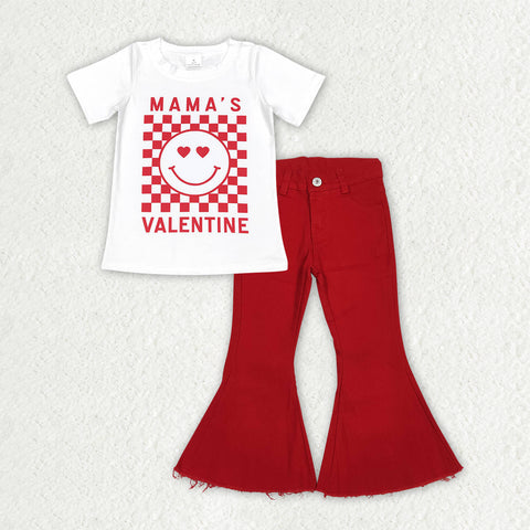 GSPO2245 Valentine's Day Smiley Red Denim Jeans 2 Pcs Girl's Set