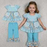 GSPO2282 Flower Sky Blue Ruffles Pockets Girls Outfits