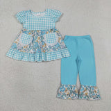 GSPO2282 Flower Sky Blue Ruffles Pockets Girls Outfits