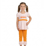 GSPO2337 Embroidery Fall Pumpkin Bows Stripe Pink Girls Set