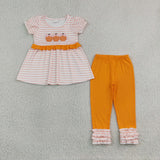 GSPO2337 Embroidery Fall Pumpkin Bows Stripe Pink Girls Set