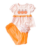 Preorder Samples GSPO2337 Embroidery Fall Pumpkin Bows Stripe Pink Girls Set