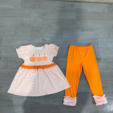Preorder Samples GSPO2337 Embroidery Fall Pumpkin Bows Stripe Pink Girls Set