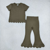 GSPO2342 Solid Color Olive Green Scallop Edge Girls Set