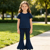 GSPO2343 Solid Color Dark Blue Scallop Edge Girls Set