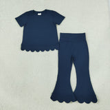 GSPO2343 Solid Color Dark Blue Scallop Edge Girls Set