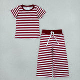 GSPO2384 Solid Dark Red Stripe Girls Set