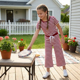 GSPO2384 Solid Dark Red Stripe Girls Set