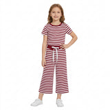 GSPO2384 Solid Dark Red Stripe Girls Set
