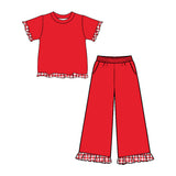 Preorder MOQ 5 pcs GSPO2408 Solid Color Plaid Ruffle Red Girls Set