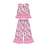 Preorder MOQ 5 pcs Each Style Camo Leopard Leaves Pink Ruffles Kids Matching Clothes