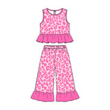 Preorder MOQ 5 pcs Each Style Camo Leopard Leaves Pink Ruffles Kids Matching Clothes