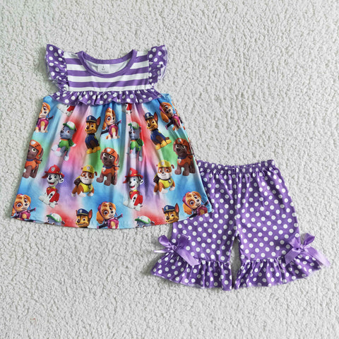 SALE GSSO0060 Paw Cartoon Purple Girl's Shorts Set