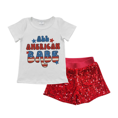 GSSO0350 Summer July 4th All American Babe Sequin Red Shorts 2 Pcs Girl's Set