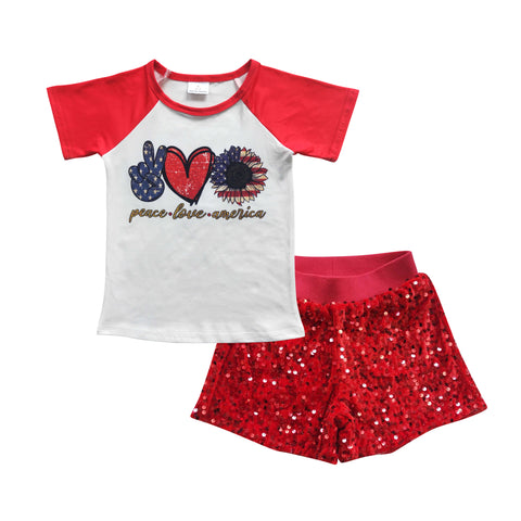 GSSO0351 Summer July 4th Peace Love American Sequin Red Shorts 2 Pcs Girl's Set
