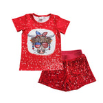 GSSO0352 Summer July 4th Cow American Sequin Red Shorts 2 Pcs Girl's Set