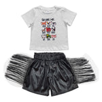 GSSO0366 Farm Black Leather Shorts Tassel Girl's Set