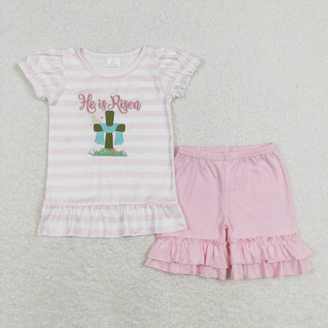 GSSO0382 Embroidery Easter He's risen Pink Girl Shorts Set