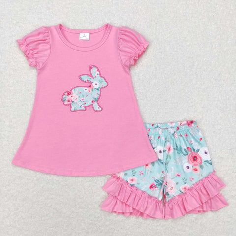 GSSO0386 Embroidery Easter Rabbit Flower Pink Girl Shorts Set