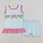 GSSO0398 Embroidery Summer Watermelon Blue Stripe Girl Shorts Set