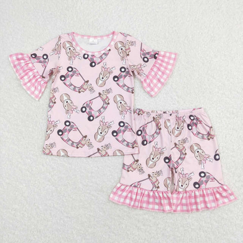 GSSO0401 Reindeer Car Pink Girl Shorts Set